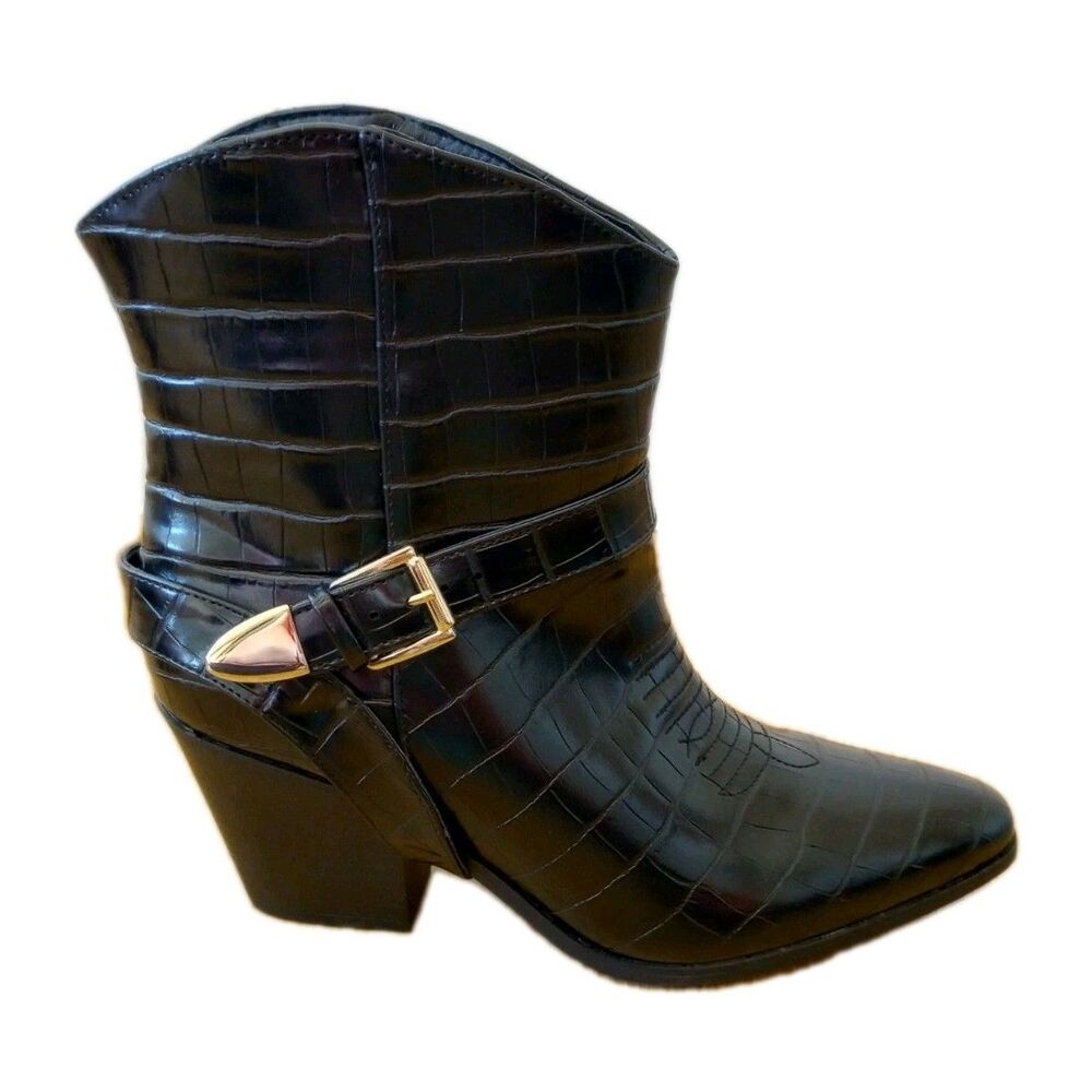 JustFab Elora Bootie Harness Ankle Boots Womens Size 8 Black Faux Croc NIB